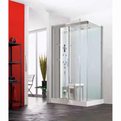 Cabine de douche hydromassante et hammam KINEDO HORIZON 110×110 hauteur receveur 12,5cm 1 coulissant finition acier