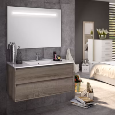 Meuble de salle de bain simple vasque – 2 tiroirs – IRIS et miroir Led STAM – britannia (chêne foncé) – 100cm