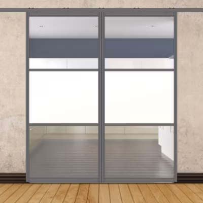 Porte double coulissante H 2088 x L 967 mm – 3 verres horizontaux –  mixte 2 clairs + 1 opale – gris