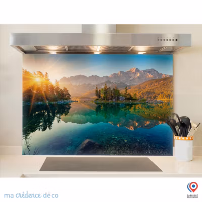 Crédence cuisine fond de hotte Lac de montagne 1 – Alu composite – L 90 cm x H 60 cm – MaCrédenceDéco