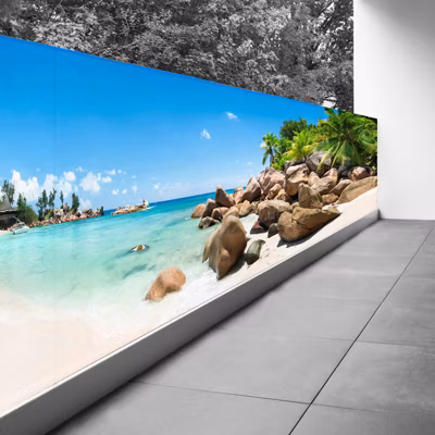 Brise vue Trompe l&rsquo;oeil – 90×360 cm – Vue plage cocotiers 3617689697697