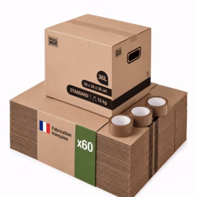 Pack and Move – Lot 60 cartons déménagement stockage livres – 40 x 30 x 30 cm – Poignées renforcées – 3 adhésifs offerts