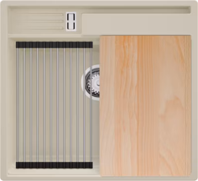 PRIMAGRAN Evier Cuisine en Granit Beige 58x53cm, Lavabo 1 bac + Kit de Vidage + Accessoires, Évier à Encastrer au meuble 60cm