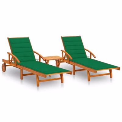 vidaXL Chaises longues 2 pcs avec table et coussins Acacia solide