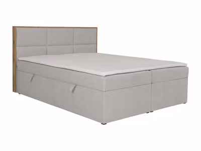 Ensemble complet literie déco tête de lit encadré bois + sommiers coffre + matelas + surmatelas – 160 x 200 cm – Tissu – Gris