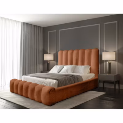 Lit coffre BADJA  Tissu bouclé Terracota  140×200 cm  Sommier relevable  Design haut de gamme
