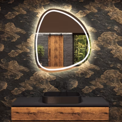 Miroir de salle de bain LED – Miroir 84x84cm asymétrique – Interrupteur sensitif – Blanc Froid – (EGG223)