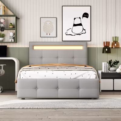 Lit simple 90×200 cm gris en lin avec LED, 2 tiroirs, Lit plat pratique pour enfant, ado ou invité, confortable et moderne
