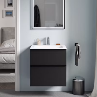 Meuble vasque suspendu MDF Noir mat, lavabo fonte Blanc mat + trou robinet, poignée Chrome – 60x46x62cm – LAVOA