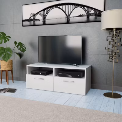 VIDAXL – Meuble TV Bois d ingenierie – 95x35x36 cm – Blanc mat – 2 portes coulissantes