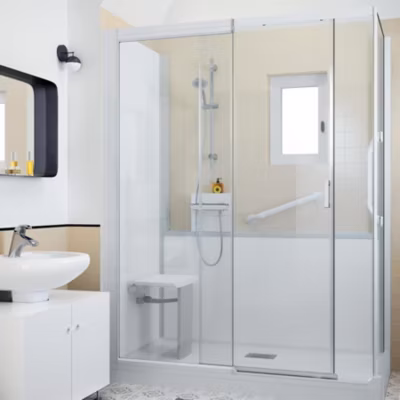 Cabine de douche Kinedo Kinemagic Sérénité Plus 100×90 angle basse coulissante verre transparent avec mitigeur