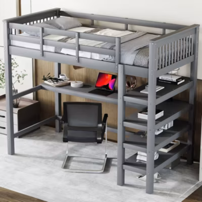 Lit superposé 90×200 cm avec bureau intégré et étagères, structure pin et MDF, échelle intégrée, finition gris