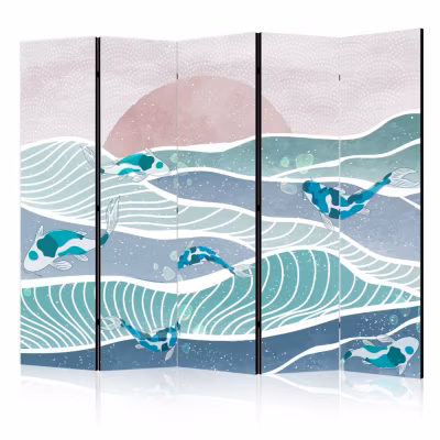 Paravent -Coucher de soleil et poissons Koi dans les tons turquoise et bleu