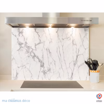 Crédence cuisine fond de hotte Marbre blanc Modena – Verre trempé – L 90 cm x H 60 cm – MaCrédenceDéco