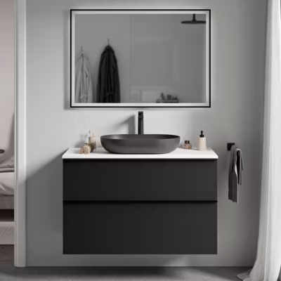 Meuble sous vasque suspendu MDF Noir mat, plan vasque Blanc mat, poignée Noir mat – 100x46x62cm – LAVOA