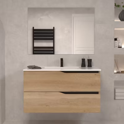 Meuble de salle de bain 90cm simple vasque – 2 tiroirs – madera miel (chêne clair) – LUNA