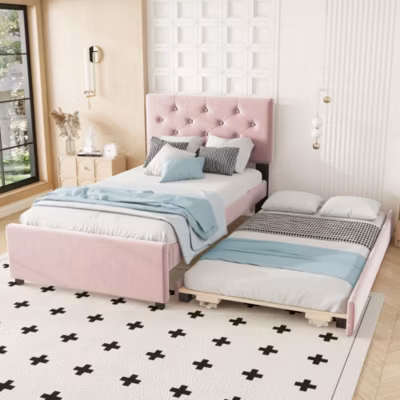 Lit Gigogne 90 x 200 cm – Lit Simple Rembourré avec Roulettes – Velours – Sans Matelas – Rose