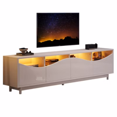 Meuble TV Incurvé, Blanc, Éclairage LED, Convient Pour Chambre, Salon, 175 X 38 X 51 Cm