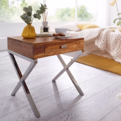 Table de chevet Bois Massif 50x45x45 cm Table nuit Table d&rsquo;appoint Métal FineBuy