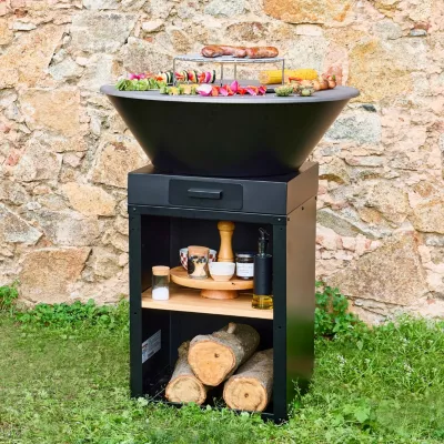 Brasero barbecue D.81.5cm avec grille de cuisson. espace de stockage pour le bois + Housse en polyester