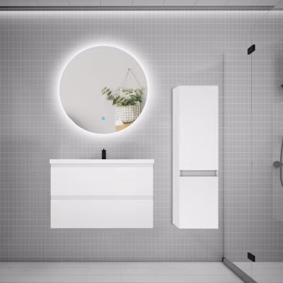 Ensemble meuble de salle de bain et lavabo blanc (L.80cm) 2 tiroirs + meuble haut + lavabo + miroir rond LED