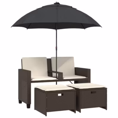 Canapé de jardin 2 places et parasol et tabourets marron rotin vidaXL