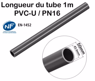 Lot de 2 Barres Barre Tuyau Rigide Tube PVC Pression PN16 50mm Longueur 1m diamètre extérieur 5cm