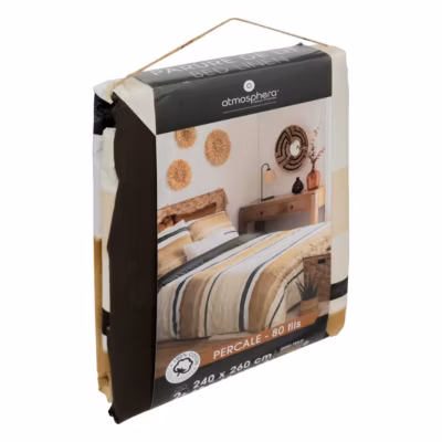 Parure de lit imprimée Hana – percale – jaune ocre – 260×240 cm – Atmosphera