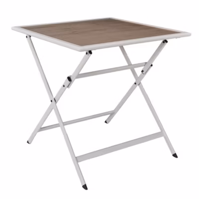 HANAE – Table Pliante de Jardin Carrée en métal et Verre Décor Imitation Bois