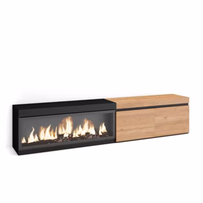 Meuble TV 210x35x45cm feu led sans chaleur XXL couleur chêne et noir