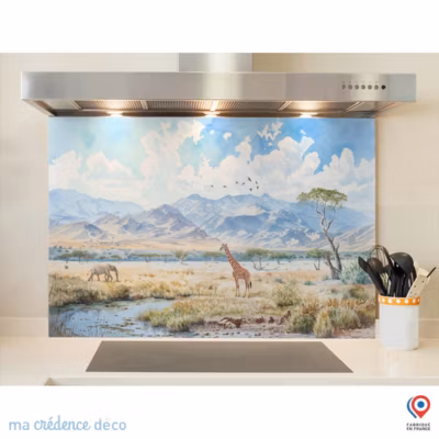 Crédence cuisine fond de hotte Savane Aquarelle – Verre trempé – L 90 cm x H 50 cm – MaCrédenceDéco