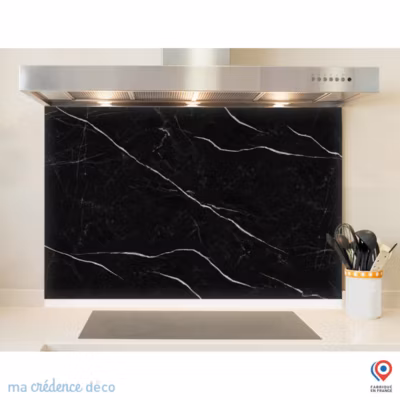 Crédence cuisine fond de hotte Marbre noir 3 – Verre trempé – L 90 cm x H 70 cm – MaCrédenceDéco