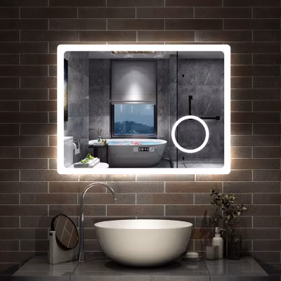 Miroir de salle de bain anti-buée avec horloge, blanc froid chaud neutre tactile mural miroir 100x60cm, AICA SANITAIRE
