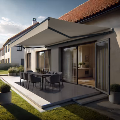 Store banne monobloc ALASKA (Manuelle – Écru – Gris anthracite – 4,20 x 3,00m)