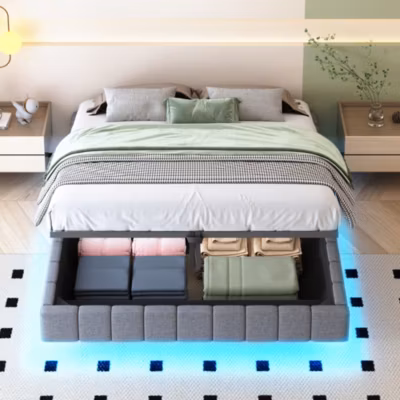 Lit 160×200 cm avec rangement hydraulique, effet flottant et éclairage LED, tapissé lin gris sans tête de lit