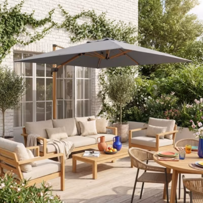 Parasol déporté carré 3x3m haut de gamme – Falgos – Gris- Parasol excentré inclinable. rabattable et rotatif à 360.