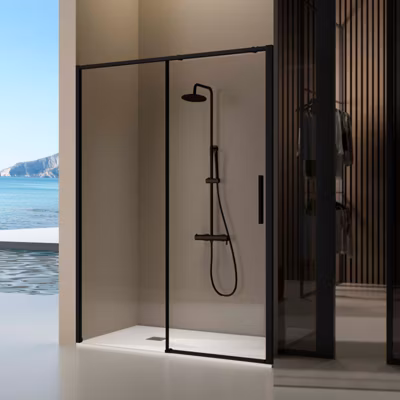 Paroi de douche coulissante DELTA – Noir Mat – 126-128.6 cm – Fermeture amortie – Réversible – Anticalcaire