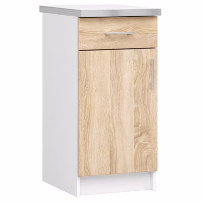 Meuble de cuisine sur pied : 1 tiroir, 1 porte, 2 étagères, blanc / Chêne Sonoma, 40 x 82 x 44,5 cm