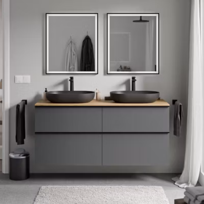 Meuble sous vasque suspendu MDF Anthracite mat, plan vasque Chêne miel, poignée Noir mat – 140x46x62cm – LAVOA