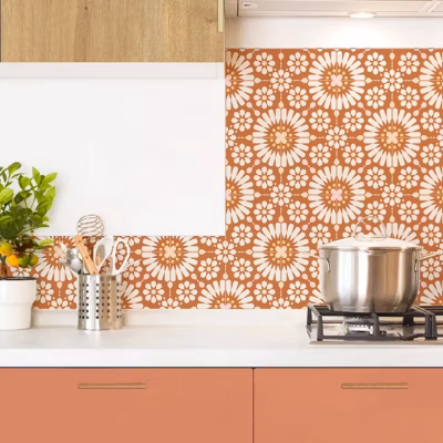 Fond de hotte en aluminium – effet carreaux de ciment orange – 70×60 cm