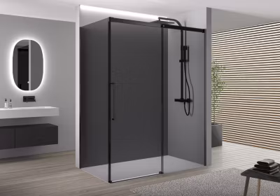 Cabine de douche d&rsquo;angle 120x90x195cm (LxPxH) verre 8mm, 1 porte coulissante, Profilé noir mat – DX906 FLEX