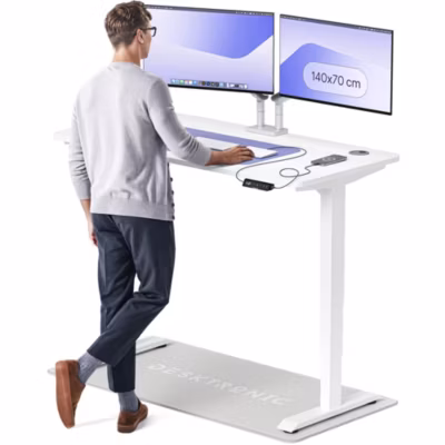 Desktronic Bureau assis debout HomePro 140x70cm – Électrique Réglable en Hauteur – Chargeur USB/USB-C – Blanc/Blanc