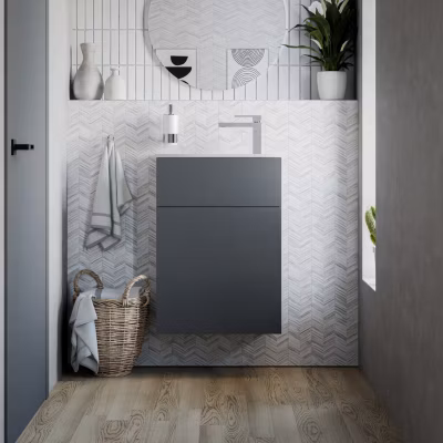 Meuble vasque suspendu MDF Graphite mat, lavabo Blanc mat + trou robinet & Bonde, Charnière porte à gauche – 50x26x72cm – KONDA