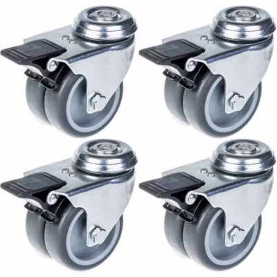 Roulettes pivotantes à double roue de 75 mm (3 pouces) en caoutchouc gris avec frein, capacité de charge de 400 kg, lot de 4