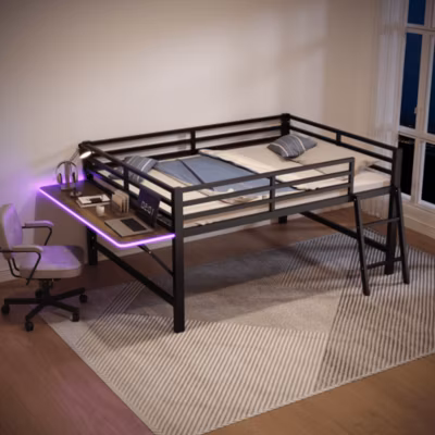 Lit mi-hauteur 140×200 cm avec étagères et éclairage LED télécommande – lit enfant/ado gain de place – sans matelas – Noir
