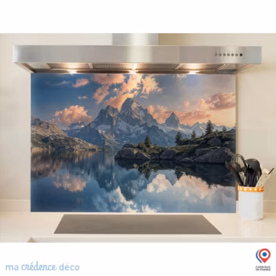Crédence cuisine fond de hotte Lac de haute montagne – Verre trempé – L 90 cm x H 70 cm – MaCrédenceDéco