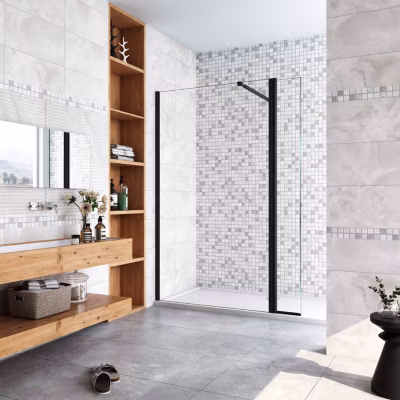 Paroi de douche noir 130 x 200 cm avec volet pivotant à 180 degré  – Verre anticalcaire  – 73-120 cm Barre de stabilisation