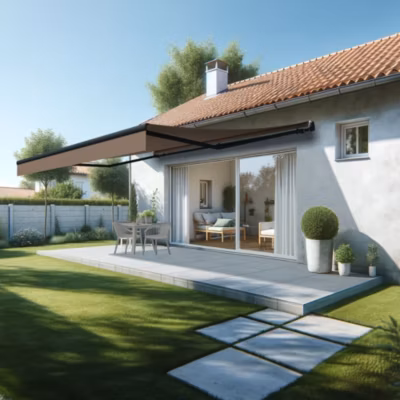 Store banne monobloc ESPAI 5,00×3,50m (Motorisé à interrupteur + manœuvre de secours – Taupe – Gris anthracite)
