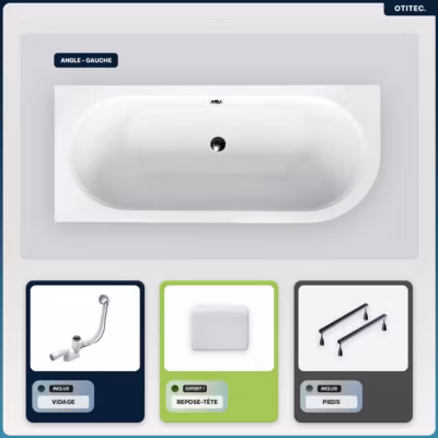 Baignoire asymétrique – 170 x 75 cm – Gauche – sans Habillage – avec Pieds – Repose-tête – Vidage Chrome – AVITA