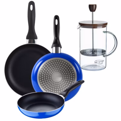 Ensemble de 3 poeles a frire San Ignacio Navy Paradise 16-20-24cm avec cafetière a piston